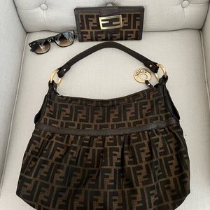 Authentic Fendi Brown Zucca Canvas Shoulder Bag
